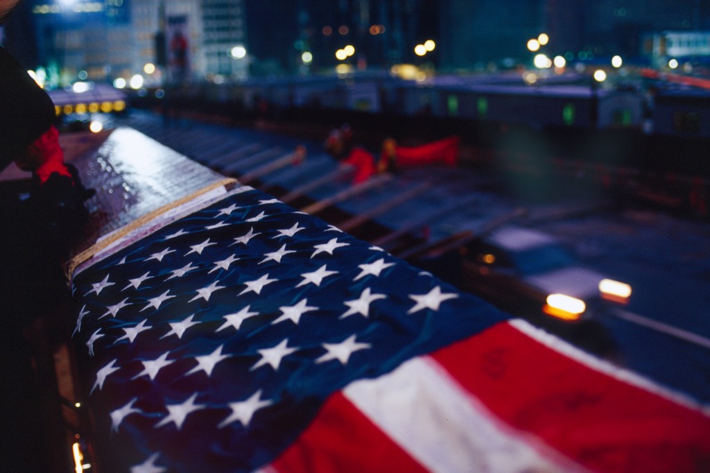 American Flag Upfront, Ground Zero In the Background