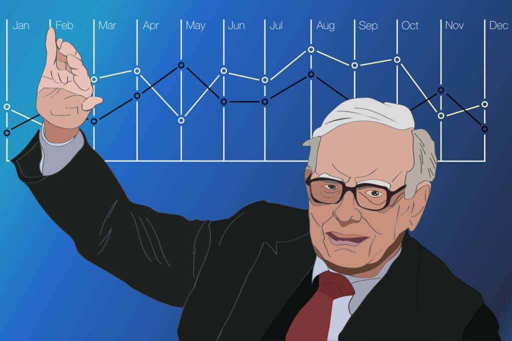 Graphic of Warren Buffet with hand raised during presentation.